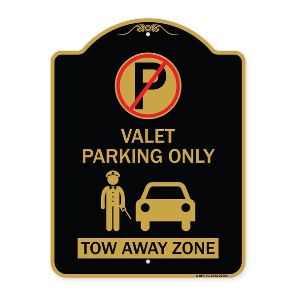 Valet Parking Tow Away Zone W/ Car Graphic, Black & Gold Aluminum Sign, 18" x 24", BG-1824-22761